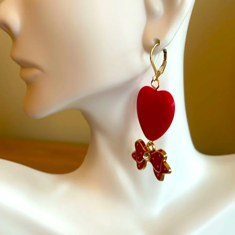 HAND CRAFTED WHIMSICAL RED VALENTINE HEARTS PIERCED EARRINGS Red Gold